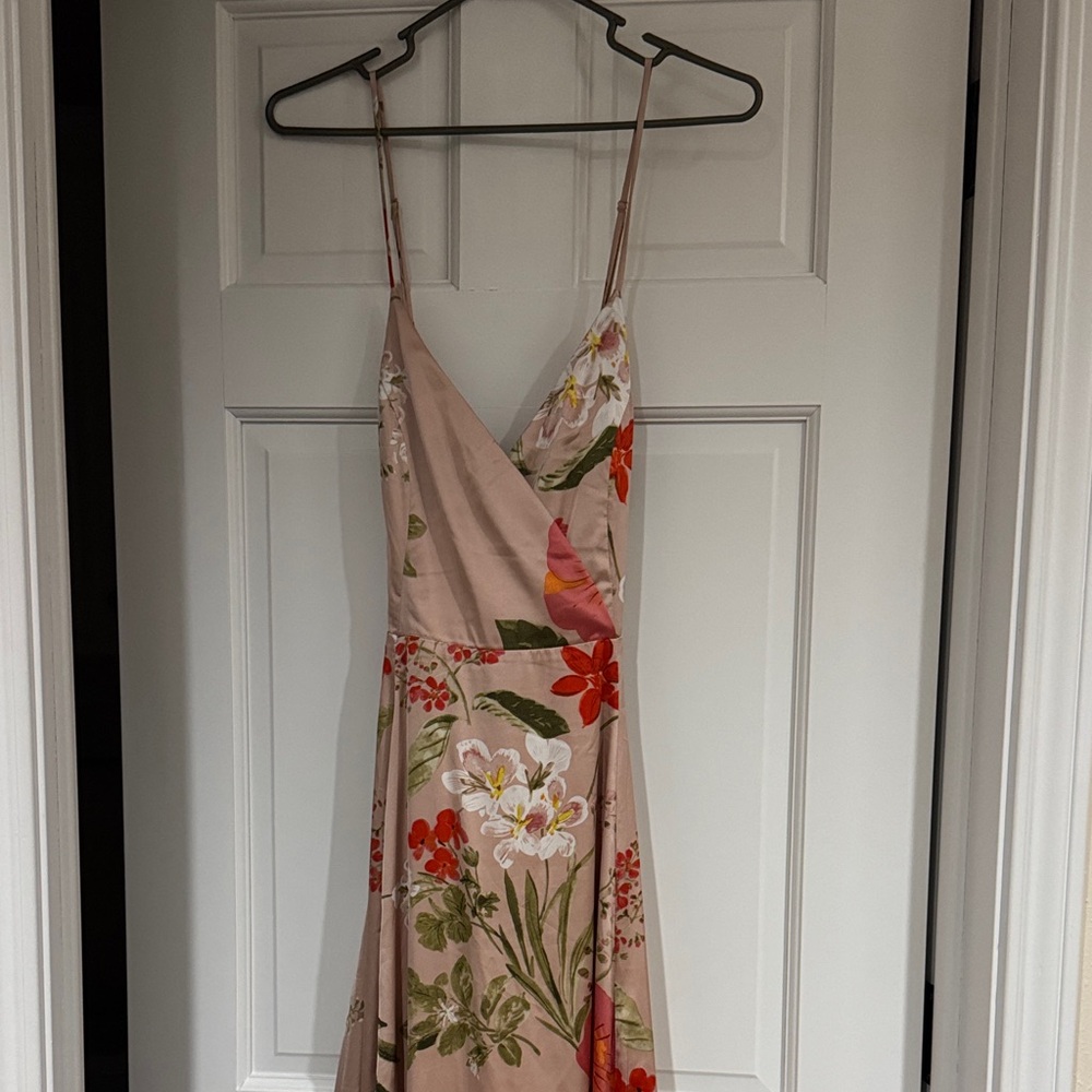 Lulu's Blush Floral Midi Slip Dress with Red & Green Accents
